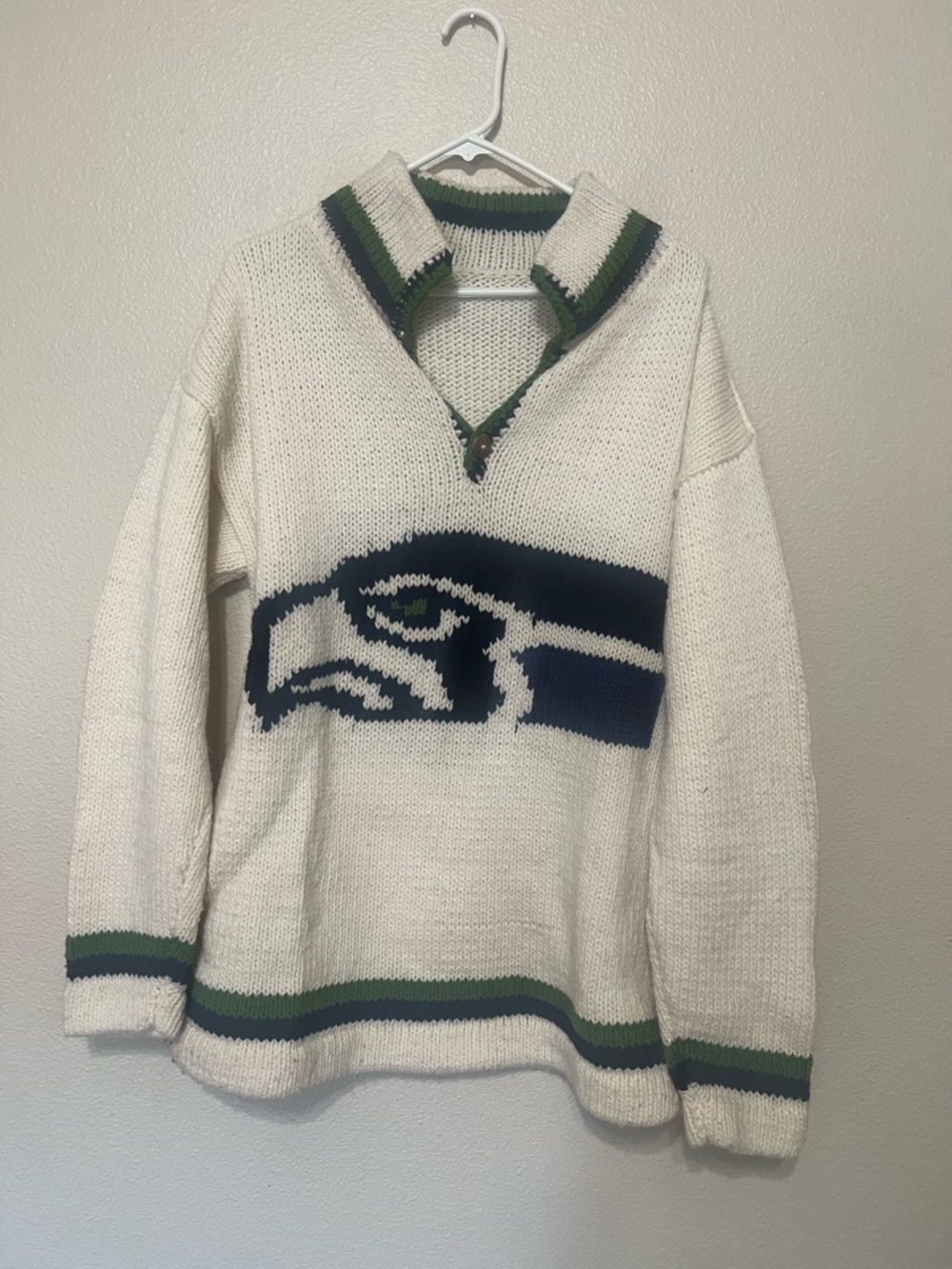 White Knit Pullover with Navy & Green Seahawks Logo